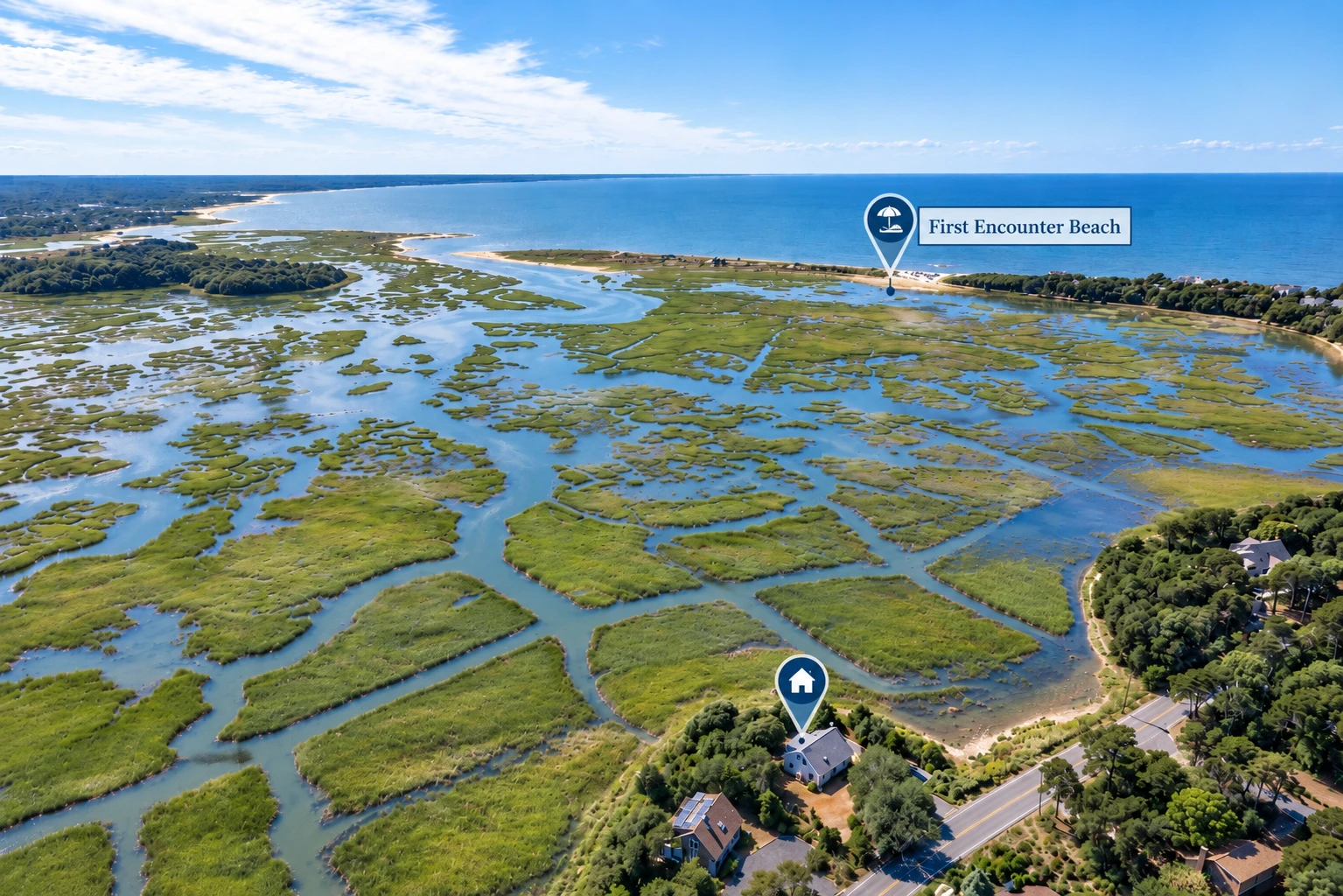 Aerial of Herring Brook House and the marsh, with First Encounter Beach labeled