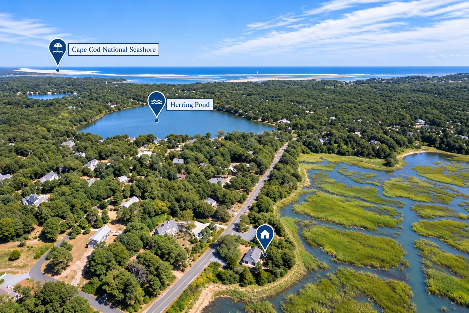 Aerial with Herring Brook House, Herring Pond and Cape Cod National Seashore labeled
